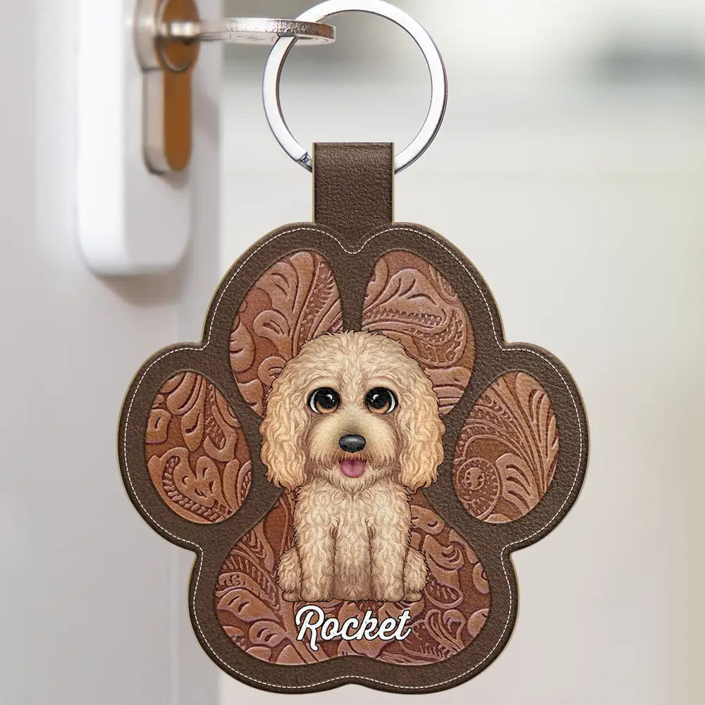Cute Dog Cat Faux Engraving - Personalized Custom Shaped Leather Keychain