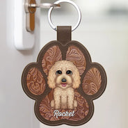 Cute Dog Cat Faux Engraving - Personalized Custom Shaped Leather Keychain