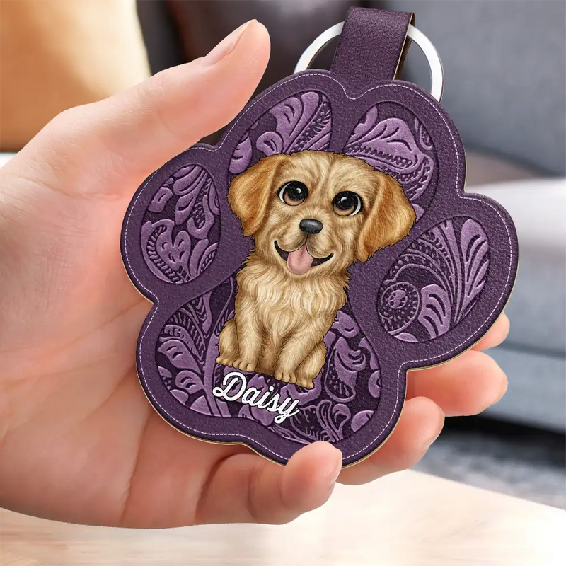 Cute Dog Cat Faux Engraving - Personalized Custom Shaped Leather Keychain