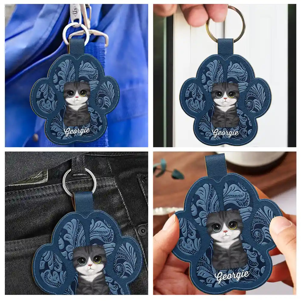 Cute Dog Cat Faux Engraving - Personalized Custom Shaped Leather Keychain