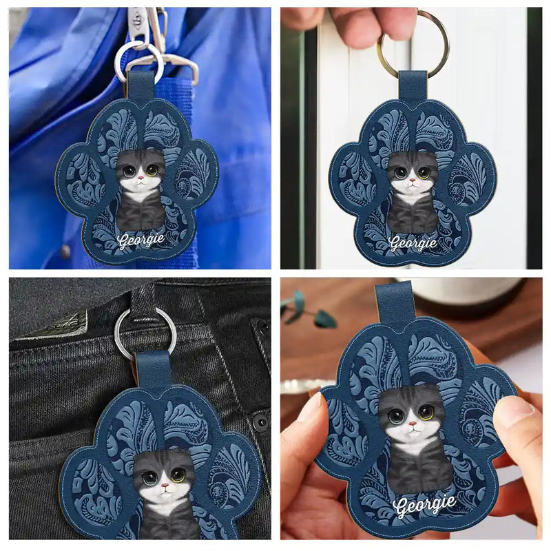 Cute Dog Cat Faux Engraving - Personalized Custom Shaped Leather Keychain