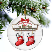 Family Red Sock Stocking Merry Christmas 2024 - 3D Inflated Effect Printed Personalized Circle Ceramic Ornament