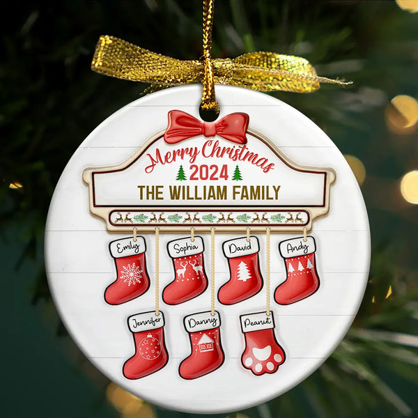 Family Red Sock Stocking Merry Christmas 2024 - 3D Inflated Effect Printed Personalized Circle Ceramic Ornament