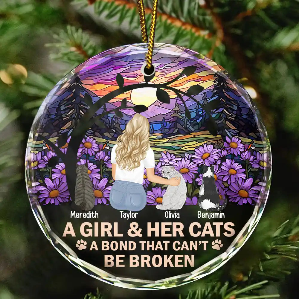 Dog Lovers,Cat Lovers,Pet Lovers - Flower Field A Girl And Her Dog And Cat - Personalized Circle Glass Ornament