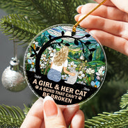 Dog Lovers,Cat Lovers,Pet Lovers,Love,Christmas - Flower Field A Girl And Her Dog And Cat - Personalized Stained Glass Ornament