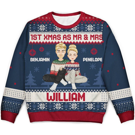 1st Xmas As Mr & Mrs Cartoon Couple - Personalized Unisex Ugly Sweater