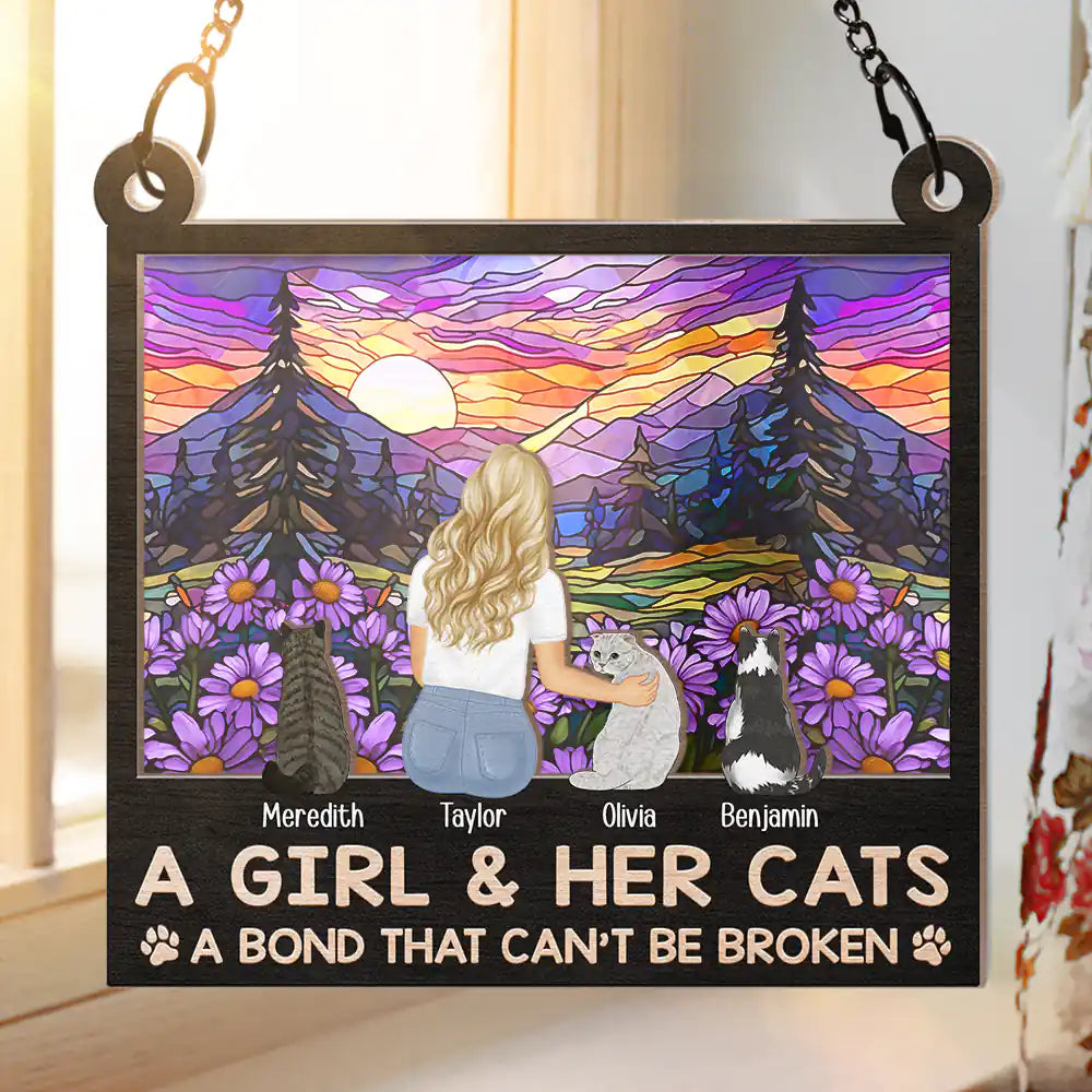 Rectangle Flower Field A Girl And Her Dog And Cat - Personalized Window Hanging Suncatcher Ornament