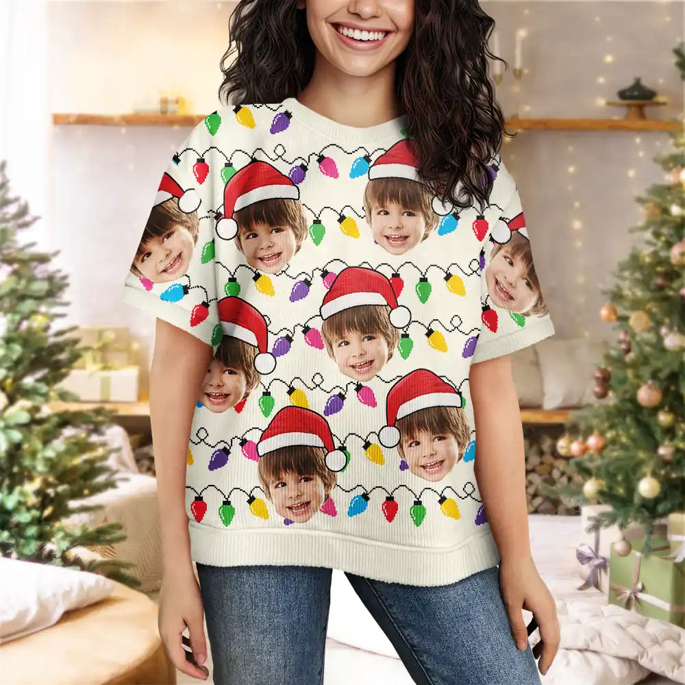 Christmas,Custom Photo,Family,Gift For Bestie,Funny,Continue Shopping - Custom Photo Santa Hat Funny Family Face - Personalized Short Sleeve Sweater