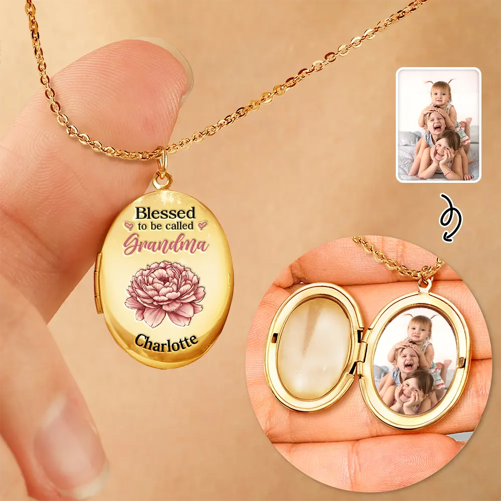 Custom Photo Grandkid Blessed To Be Called Grandma - Personalized Locket Necklace