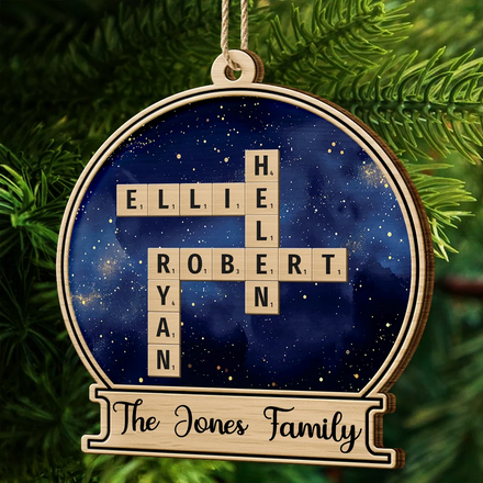 Custom Family Name Snow Globe Crossword Scrabble - Personalized Custom Shaped Wooden Ornament