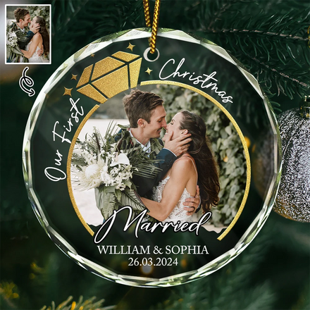 Custom Photo First Christmas Married Couple Ring - Personalized Circle Glass Ornament