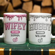 Gift For Couples,Gift For Husband,Gift For Wife,Happy - Wifey Hubby Est Couple 3D Inflated Effect Printed Mug, Personalized White Edge-to-Edge Mug