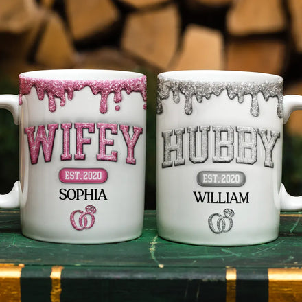 Wifey Hubby Est Couple - 3D Inflated Effect Printed Mug, Personalized White Edge-to-Edge Mug