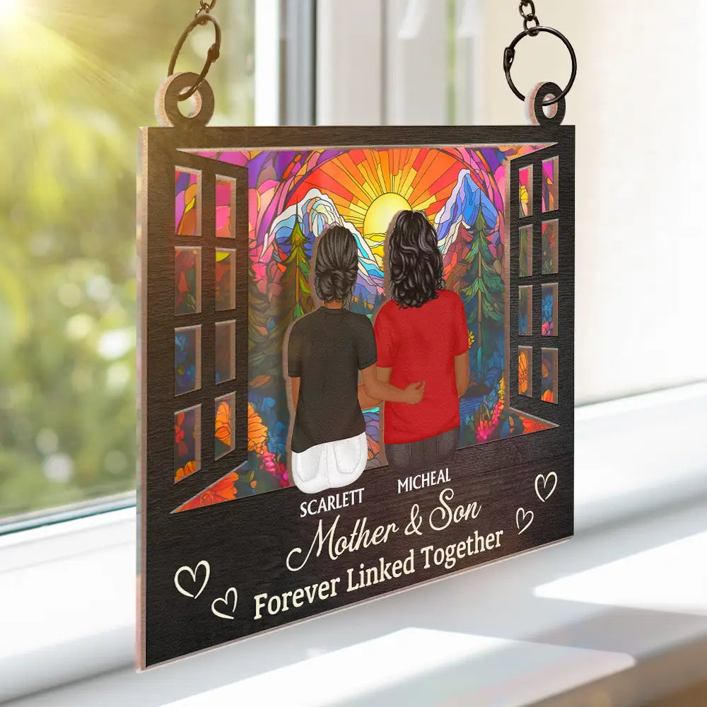 Gift For Mother,Mom,Children - Mother And Daughter Children Forever Linked Together - Personalized Window Hanging Suncatcher Ornament
