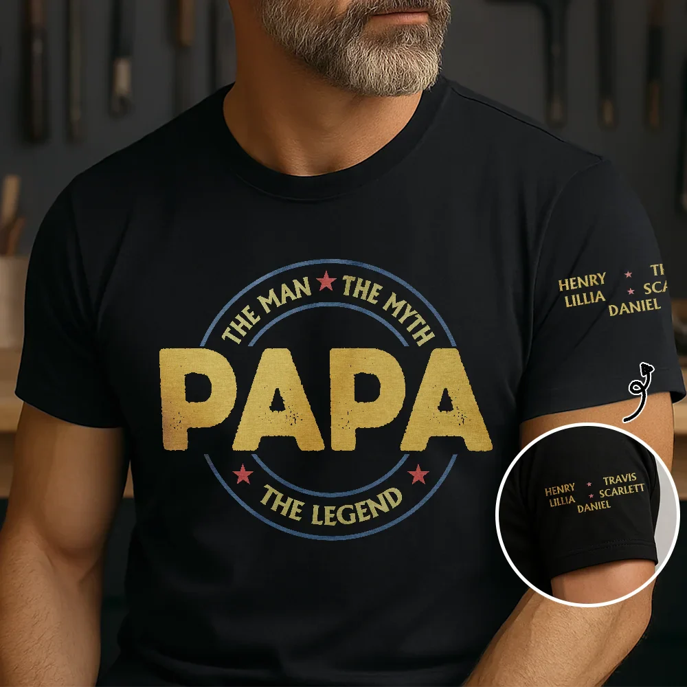Dad Papa The Man The Myth The Legend Retro Logo With Names On Sleeves - Personalized T Shirt