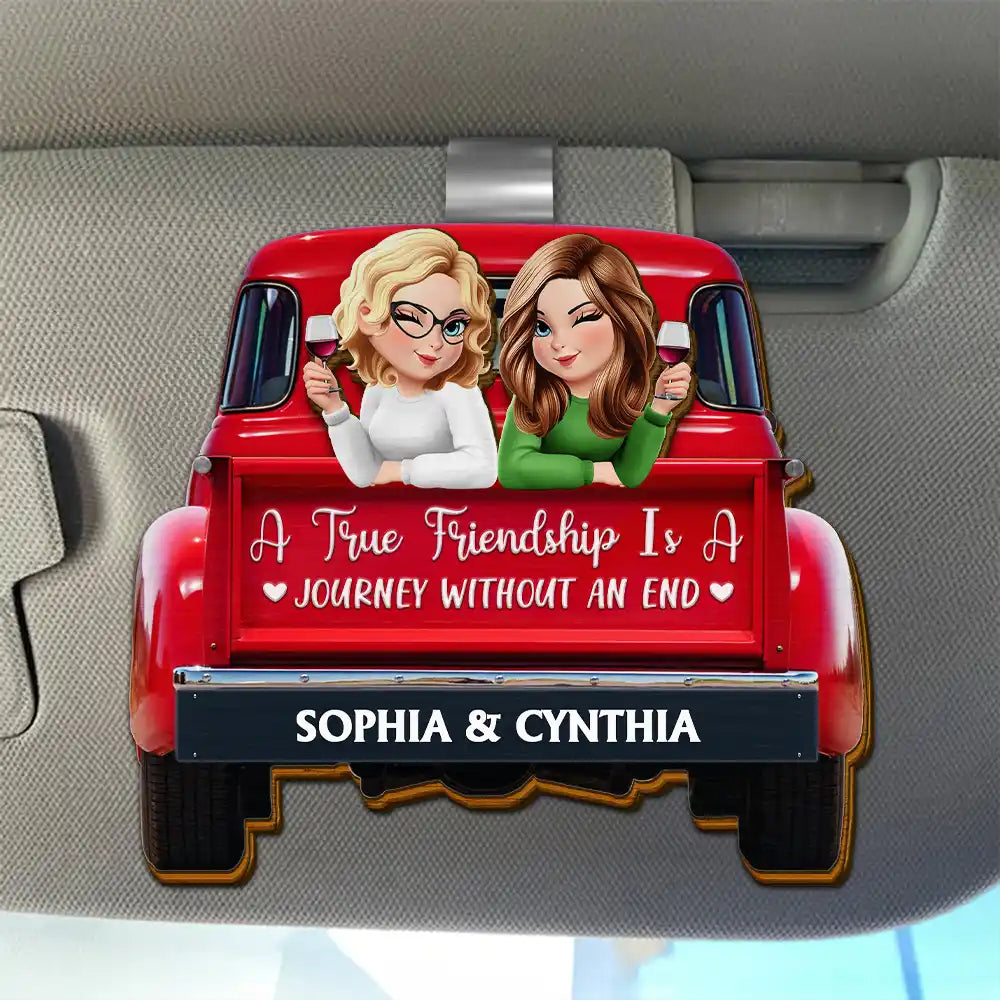 Gift For Bestie, Gift For Sisters, Love - A Journey Without An End 3D Effect Bestie Red Truck - Personalized Custom Shaped Car Visor Clip