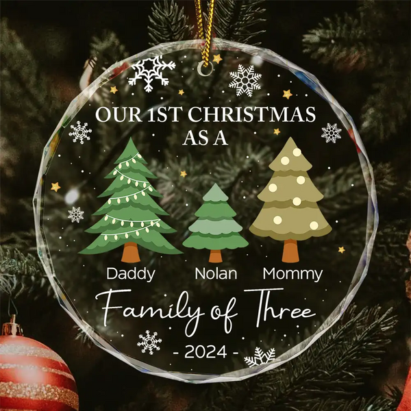First Christmas As A Family Of Three - Personalized Circle Glass Ornament