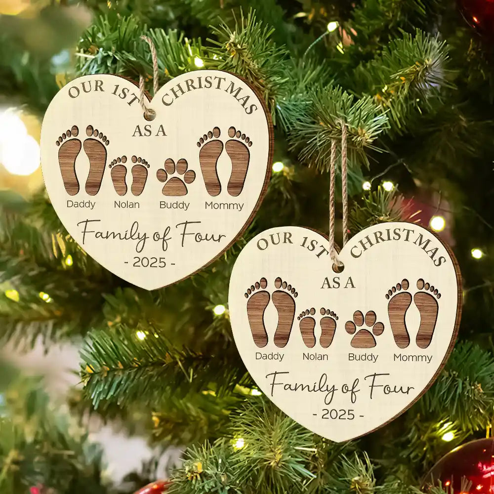 First Christmas As A Family Of Four Footprints - Personalized Custom Shaped Wooden Ornament