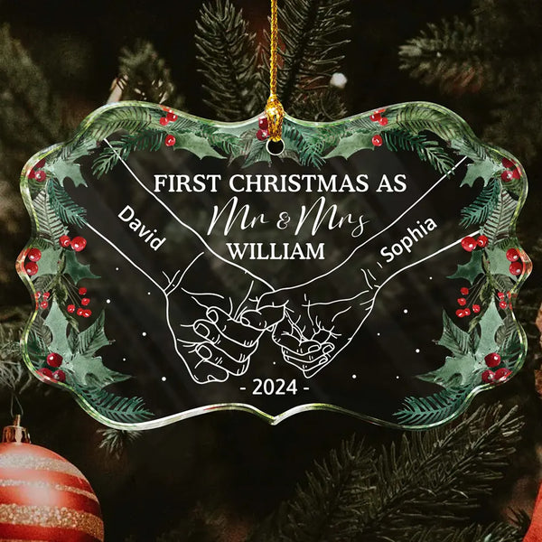 Gift For Couples - Holding Hands First Christmas As Mr & Mrs Couple - Personalized Medallion Glass Ornament