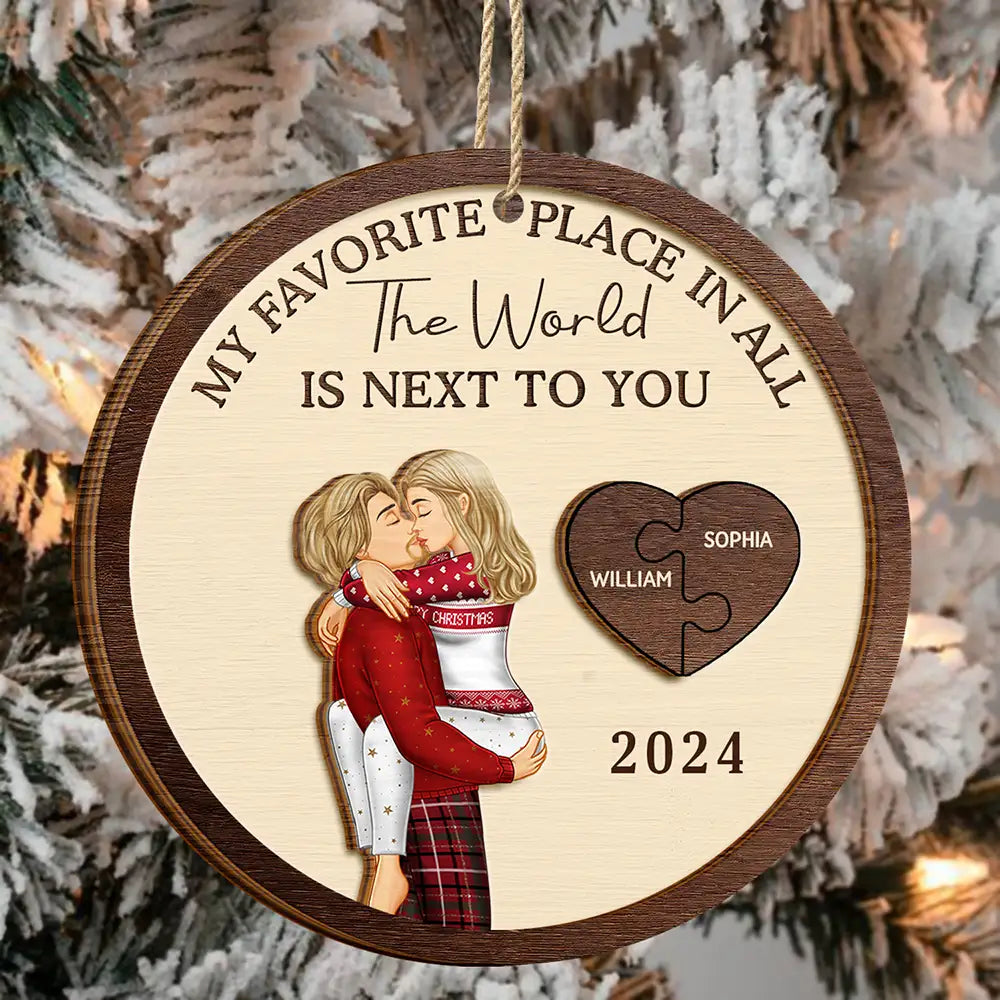 Gift For Couples - My Favorite Place In All The World Kissing Couples - Personalized 2-Layered Wooden Ornament