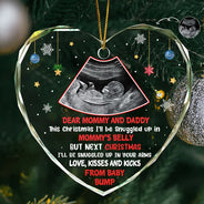 Christmas,Happy,New baby,New Dad,New Mom,Parents - Custom Photo This Christmas I'll Be Snuggled Up Newborn Baby - Personalized Heart Shaped Glass Ornament