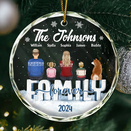 Christmas Family Dog Cat - Personalized Circle Glass Ornament