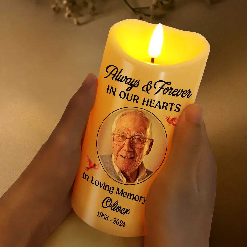Family, Parents, Gift For Grandparents, Gift For Sibling, Memorial - Custom Photo Always And Forever In Our Heart Memorial - Personalized Flameless LED Candle