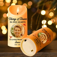 Family, Parents, Gift For Grandparents, Gift For Sibling, Memorial - Custom Photo Always And Forever In Our Heart Memorial - Personalized Flameless LED Candle