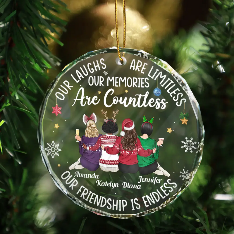 Gift For Bestie, Gifts For Colleagues - Besties Our Laughs Are Limitless Christmas Backside - Personalized Circle Glass Ornament
