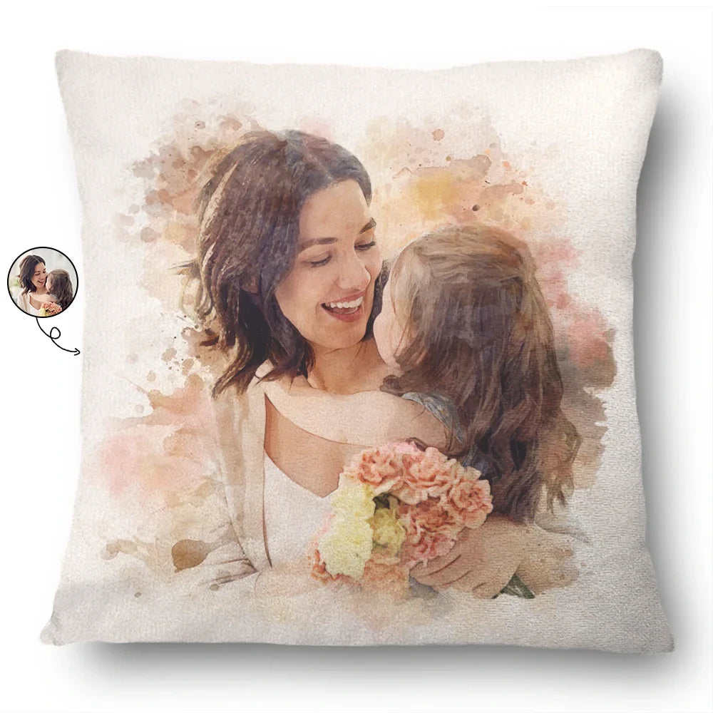 Custom Photo Watercolor Portrait Mom Dad Family Couple - Personalized Pillow