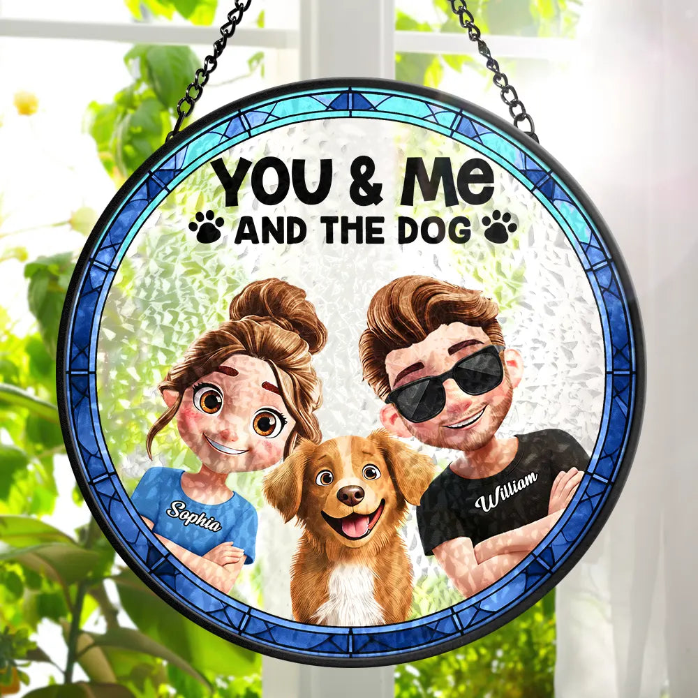 You & Me & The Dogs Couple - Personalized Stained Glass Window Hanging Suncatcher
