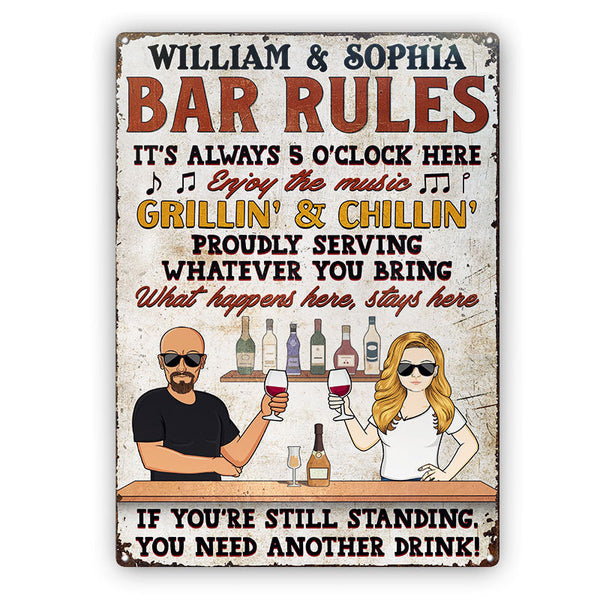 Bar Rules What Happens Here Stays Here Grilling Patio Couple Husband Wife - Backyard Sign - Personalized Custom Classic Metal Signs