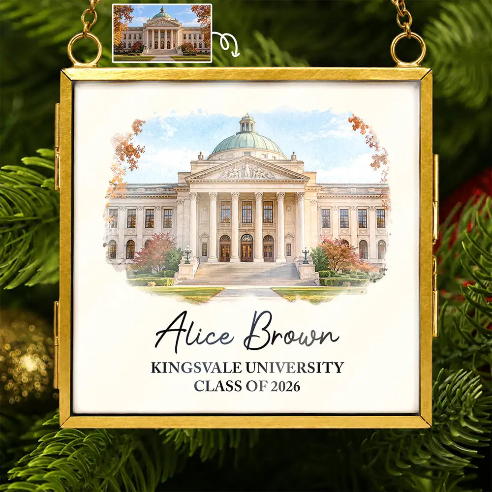Art Design,Christmas,Custom Photo,Graduation,Happy,Photo - Watercolor - With BG,Top Market - Keepsake Graduation Gift - Personalized Custom Photo Watercolor University Metal Frame Ornament
