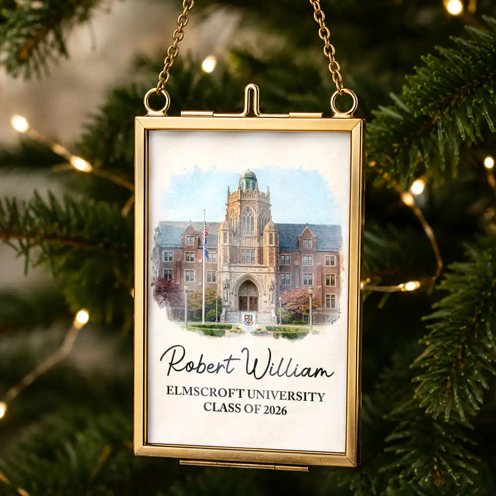 Art Design,Christmas,Custom Photo,Graduation,Happy,Photo - Watercolor - With BG,Top Market - Keepsake Graduation Gift - Personalized Custom Photo Watercolor University Metal Frame Ornament