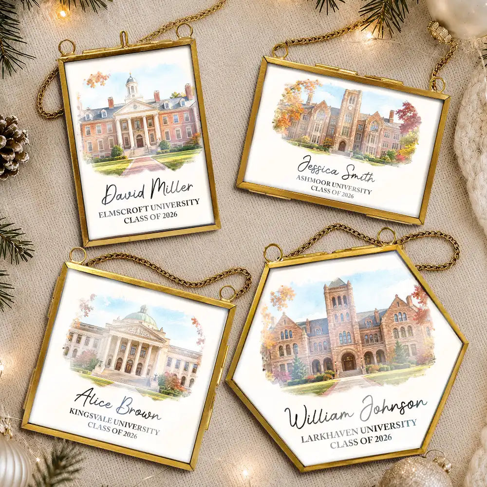 Art Design,Christmas,Custom Photo,Graduation,Happy,Photo - Watercolor - With BG,Top Market - Keepsake Graduation Gift - Personalized Custom Photo Watercolor University Metal Frame Ornament