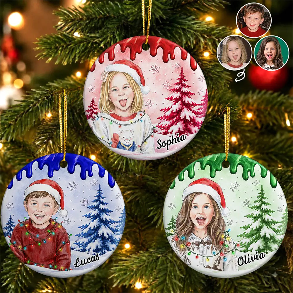 Gift For Kids And Grandkids - Personalized Custom Photo Watercolor Christmas Accessories Kid With Paint Dripping Color Circle Ceramic Ornament