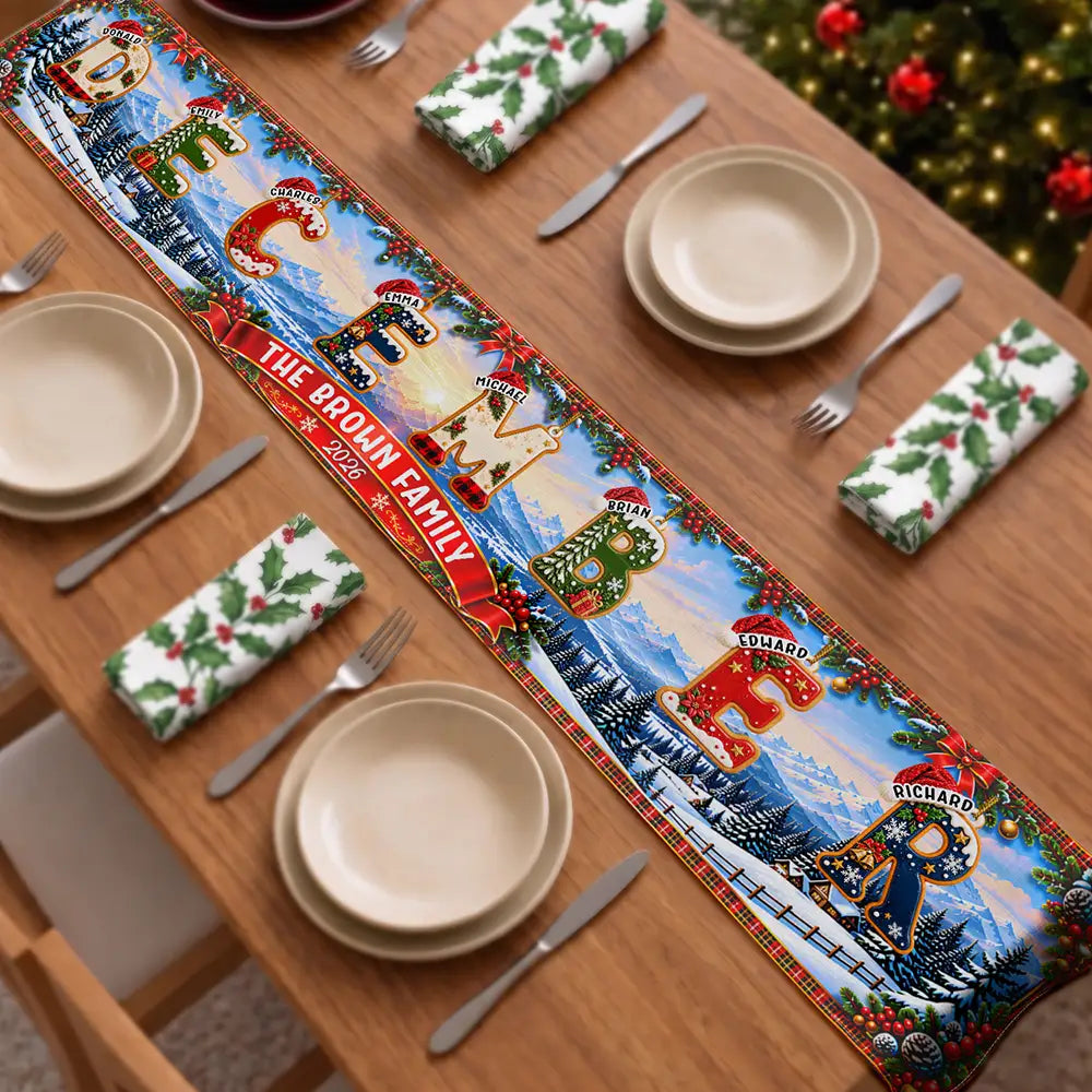 Christmas Decor Gift For Mom Grandma - Personalized Family Name Santa Hat Letter Garland Table Runner