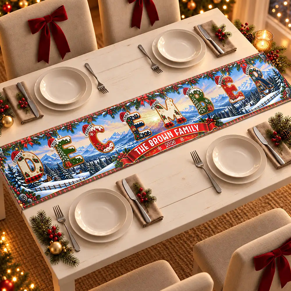 Christmas,Family,Happy,Icon - Christmas Decor Gift For Mom Grandma - Personalized Family Name Santa Hat Letter Garland Table Runner