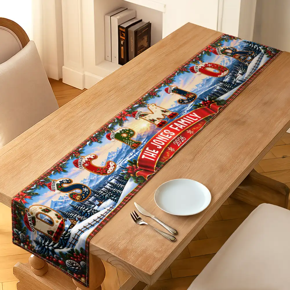 Christmas,Family,Happy,Icon - Christmas Decor Gift For Mom Grandma - Personalized Family Name Santa Hat Letter Garland Table Runner