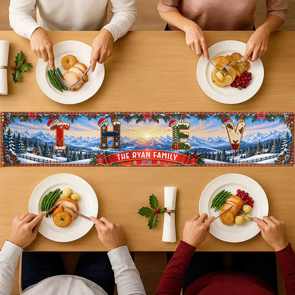 Christmas,Family,Happy,Icon - Christmas Decor Gift For Mom Grandma - Personalized Family Name Santa Hat Letter Garland Table Runner