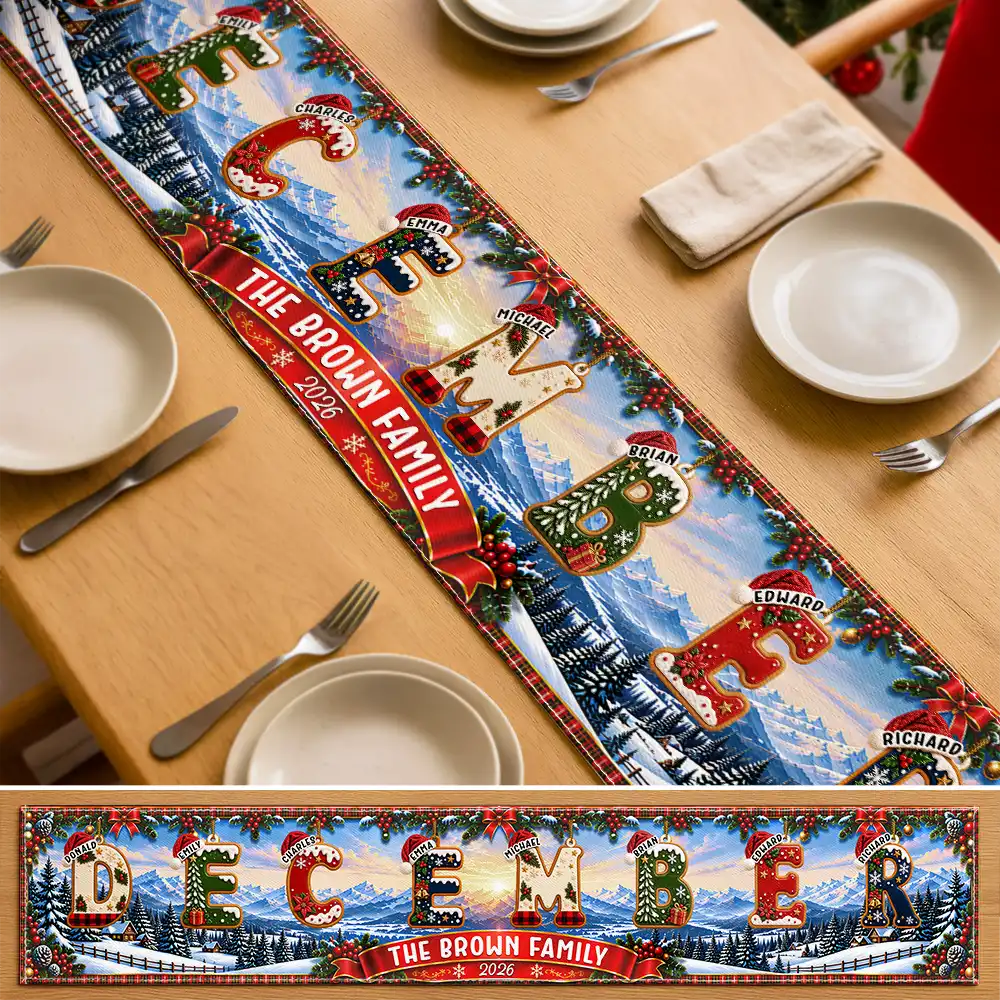 Christmas,Family,Happy,Icon - Christmas Decor Gift For Mom Grandma - Personalized Family Name Santa Hat Letter Garland Table Runner