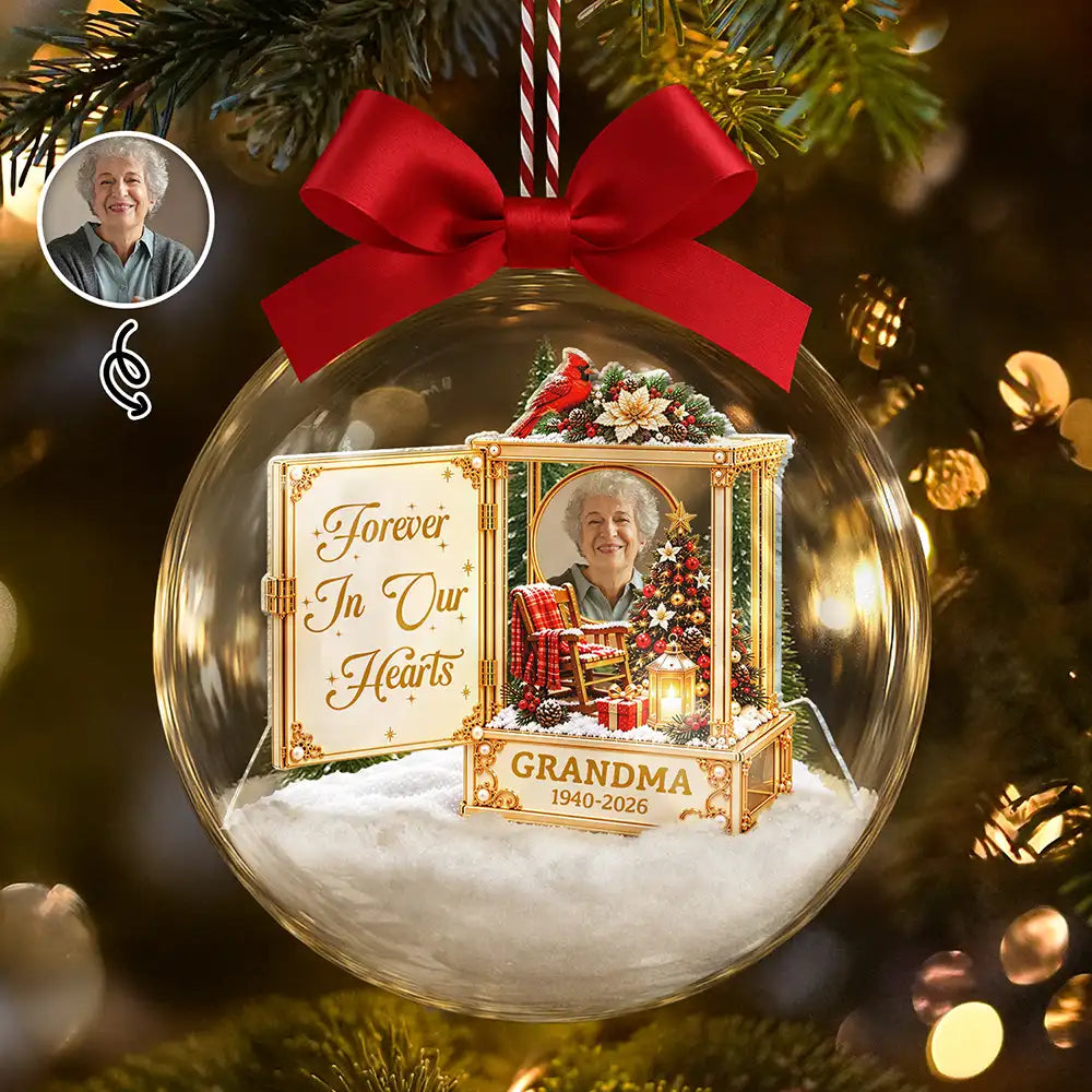 Christmas,Custom Photo,Family,Memorial,Memorial Loved One,Sympathetic,Upload Full Photo - Sympathy Gift For Loss Of Loved One - Personalized Custom Photo Forever In Our Hearts 3D Acrylic Ball Ornament