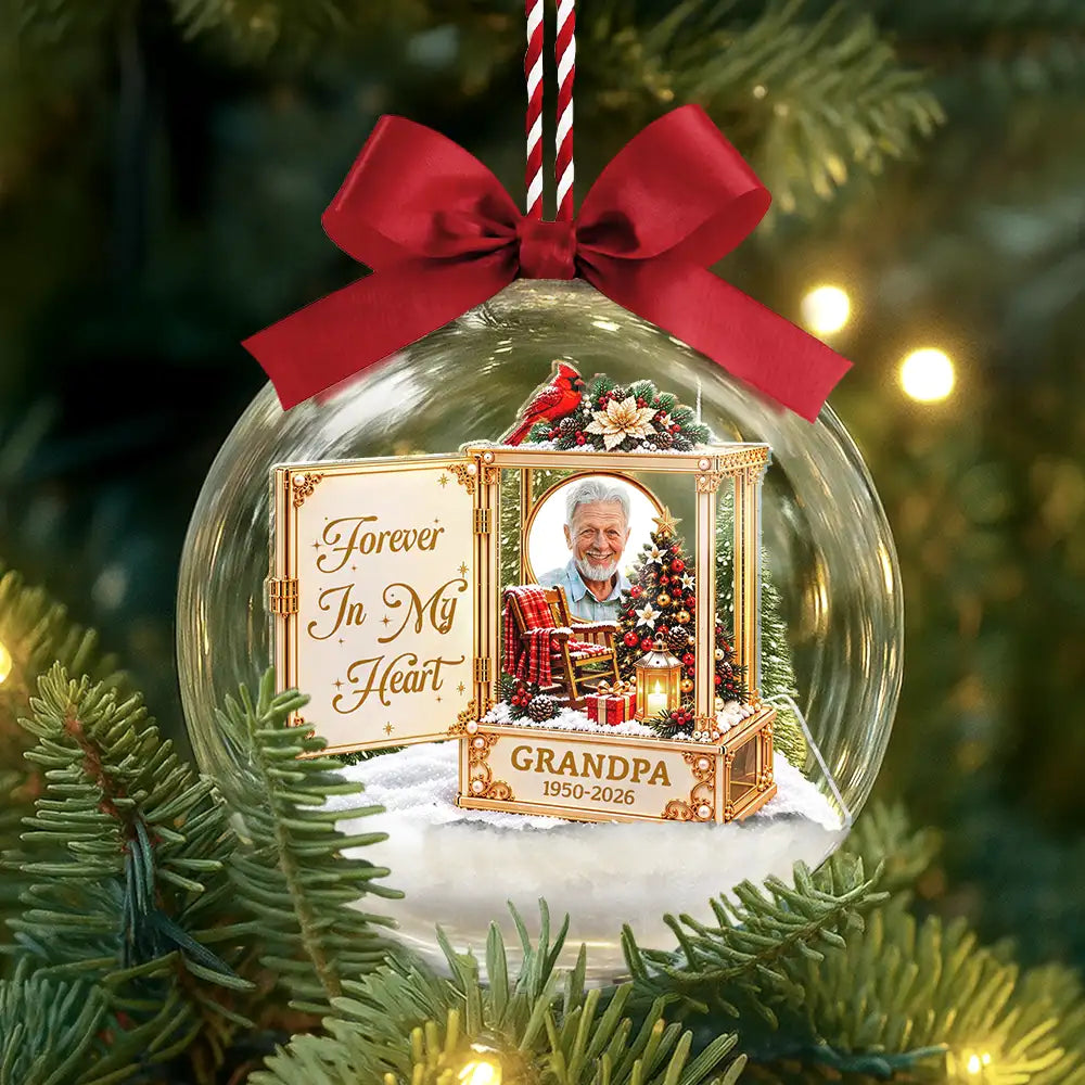 Christmas,Custom Photo,Family,Memorial,Memorial Loved One,Sympathetic,Upload Full Photo - Sympathy Gift For Loss Of Loved One - Personalized Custom Photo Forever In Our Hearts 3D Acrylic Ball Ornament