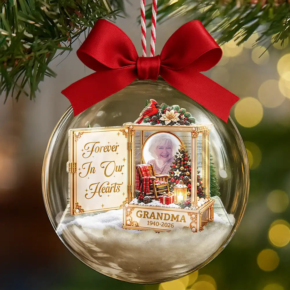 Christmas,Custom Photo,Family,Memorial,Memorial Loved One,Sympathetic,Upload Full Photo - Sympathy Gift For Loss Of Loved One - Personalized Custom Photo Forever In Our Hearts 3D Acrylic Ball Ornament