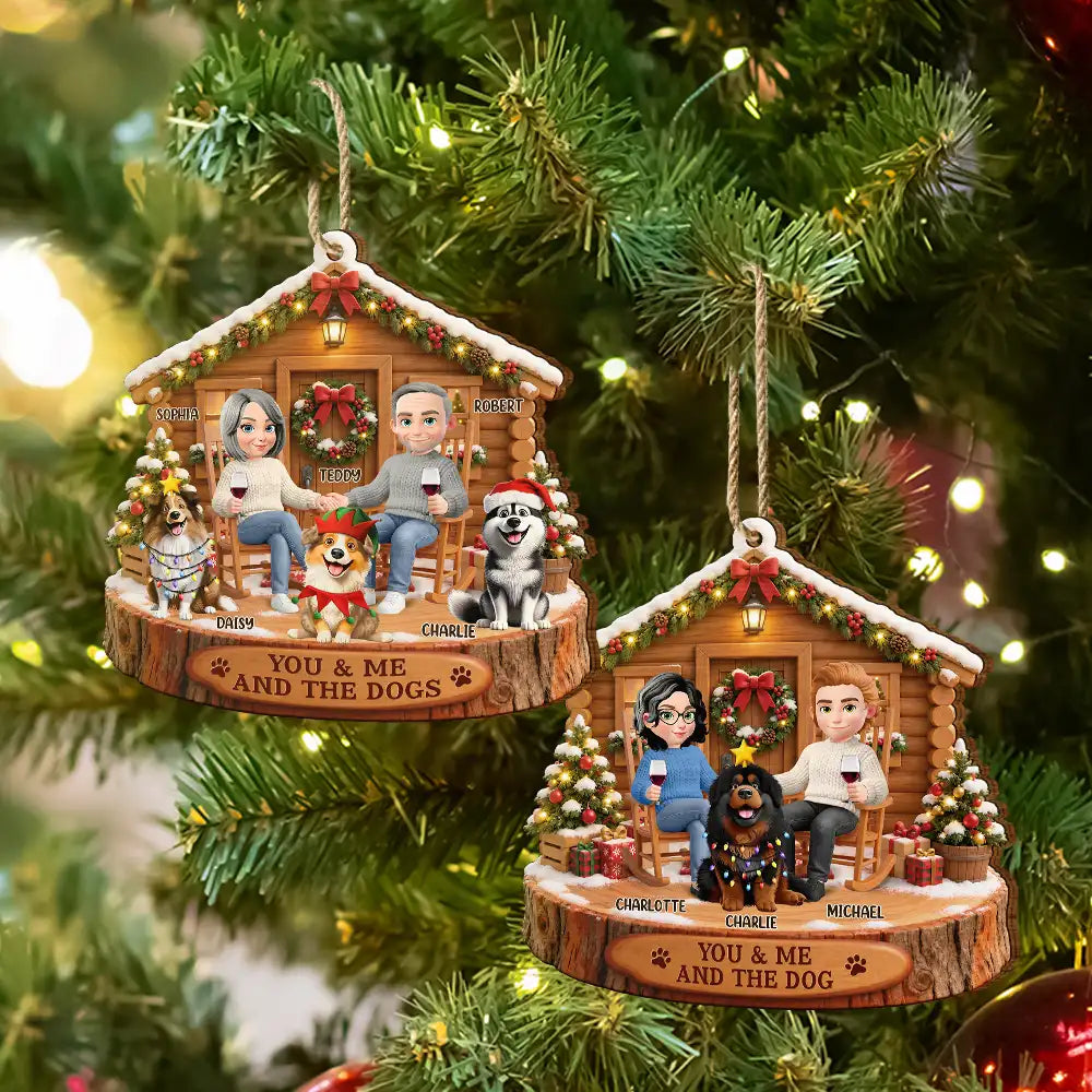 Christmas,Dog Couple,Dog Lovers,Gift For Couples,Happy,Pet Lovers,Vector - Christmas Gift For Pet Couples - Personalized You & Me And The Dogs Wooden Ornament