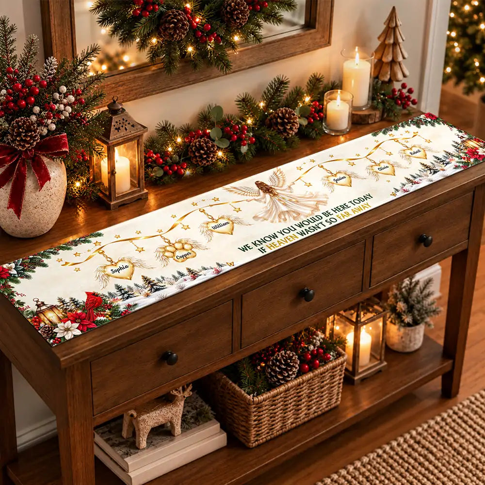 Christmas,Custom Text,Family,Memorial,Sentimental,Top Market - Christmas Memorial Gift For Family - Personalized Names Angel And Cardinal Heaven Hearts Table Runner
