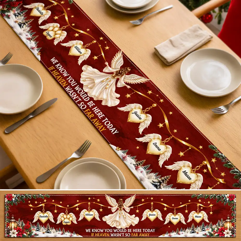 Christmas,Custom Text,Family,Memorial,Sentimental,Top Market - Christmas Memorial Gift For Family - Personalized Names Angel And Cardinal Heaven Hearts Table Runner