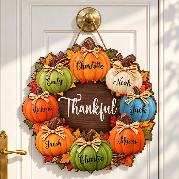 Family,Happy,Icon,Indoor Decor,Thanksgiving - Thanksgiving Front Door Decor For Family - Personalized Thankful Pumpkin Wood Sign