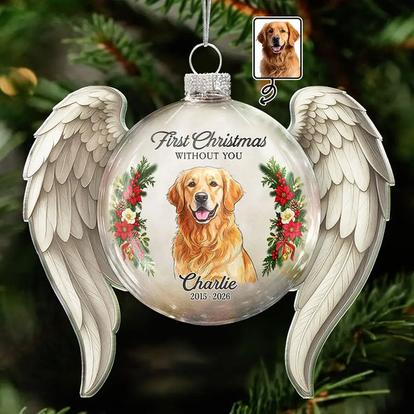 Art Design,Christmas,Custom Photo,First Christmas,Memorial,Pet Lovers,Pet Memorial,Photo - Watercolor - Remove BG,Sympathetic,Top Market-Memorial Sympathy Gift For Pet Lovers - Personalized Custom Photo Watercolor First Christmas Without You Angel Wings Glass Ornament