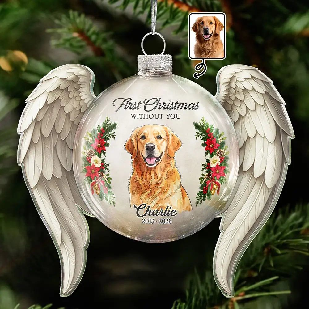 Art Design,Christmas,Custom Photo,First Christmas,Memorial,Pet Lovers,Pet Memorial,Photo - Watercolor - Remove BG,Sympathetic,Top Market-Memorial Sympathy Gift For Pet Lovers - Personalized Custom Photo Watercolor First Christmas Without You Angel Wings Glass Ornament